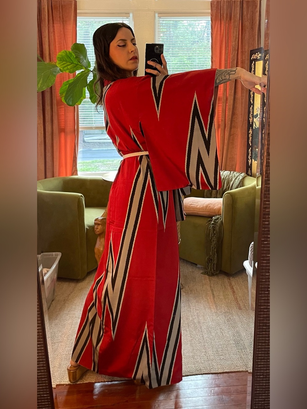 Pre-war vintage silk Japanese kimono lightning bolt red zigzag black coverup